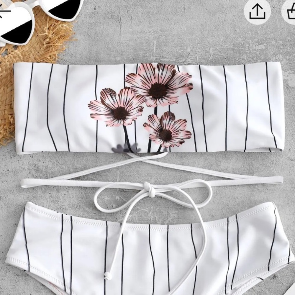 Strapless Bikini Top Striped Floral Lace Up Back